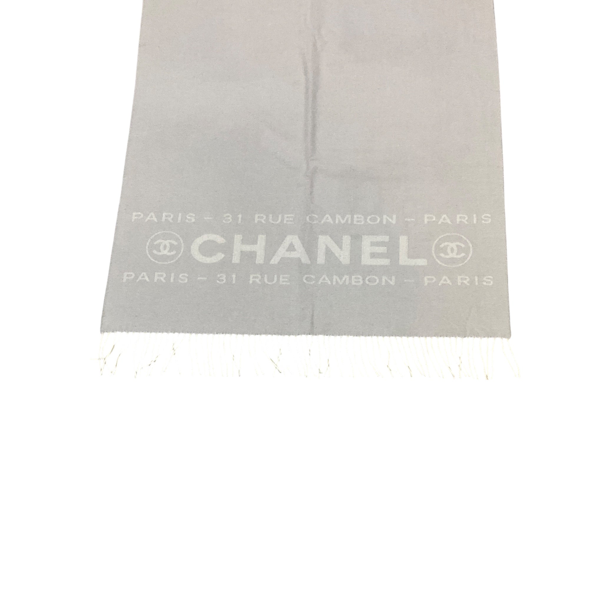 Chanel Grey / Ivory 31 Rue Cambon Paris Fringed Large Cashmere Scarf