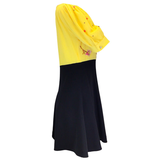 Marni Yellow / Black Multi Floral Sequined Silk Crepe Dress