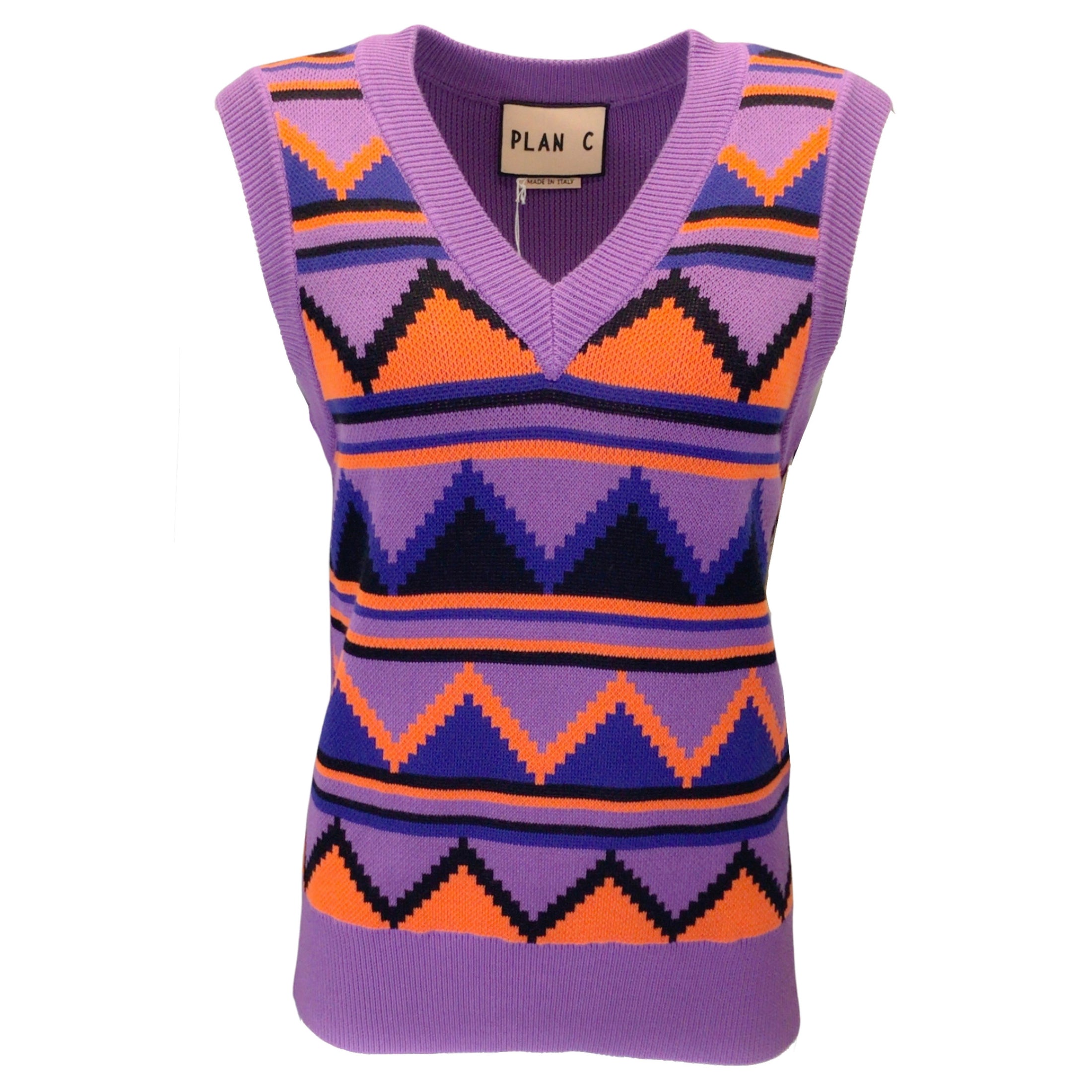 Plan C Purple / Orange Multi Patterned Knit Sleeveless V-Neck Cotton Knit Sweater