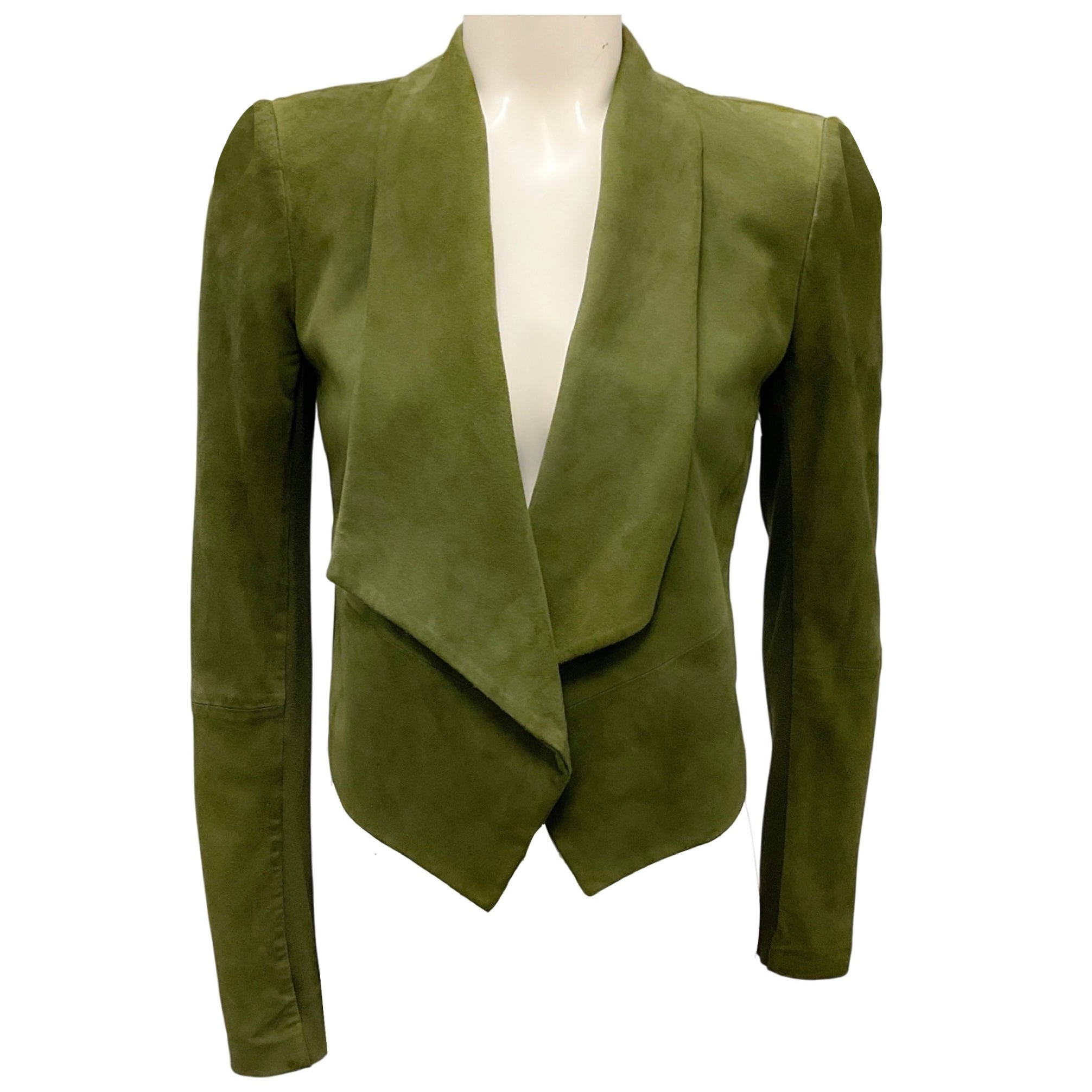 Alice + Olivia Green Harvey Cropped Open Front Goat Suede Leather Jacket