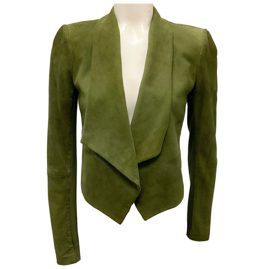 Alice + Olivia Green Harvey Cropped Open Front Goat Suede Leather Jacket