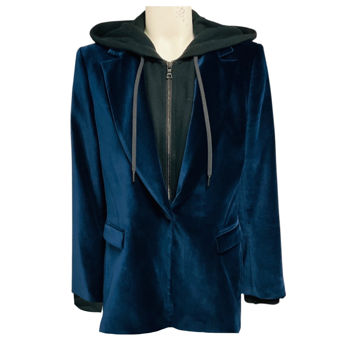 AO.LA by Alice + Olivia Navy Blue / Black Hooded Velvet and Cotton Blazer Jacket
