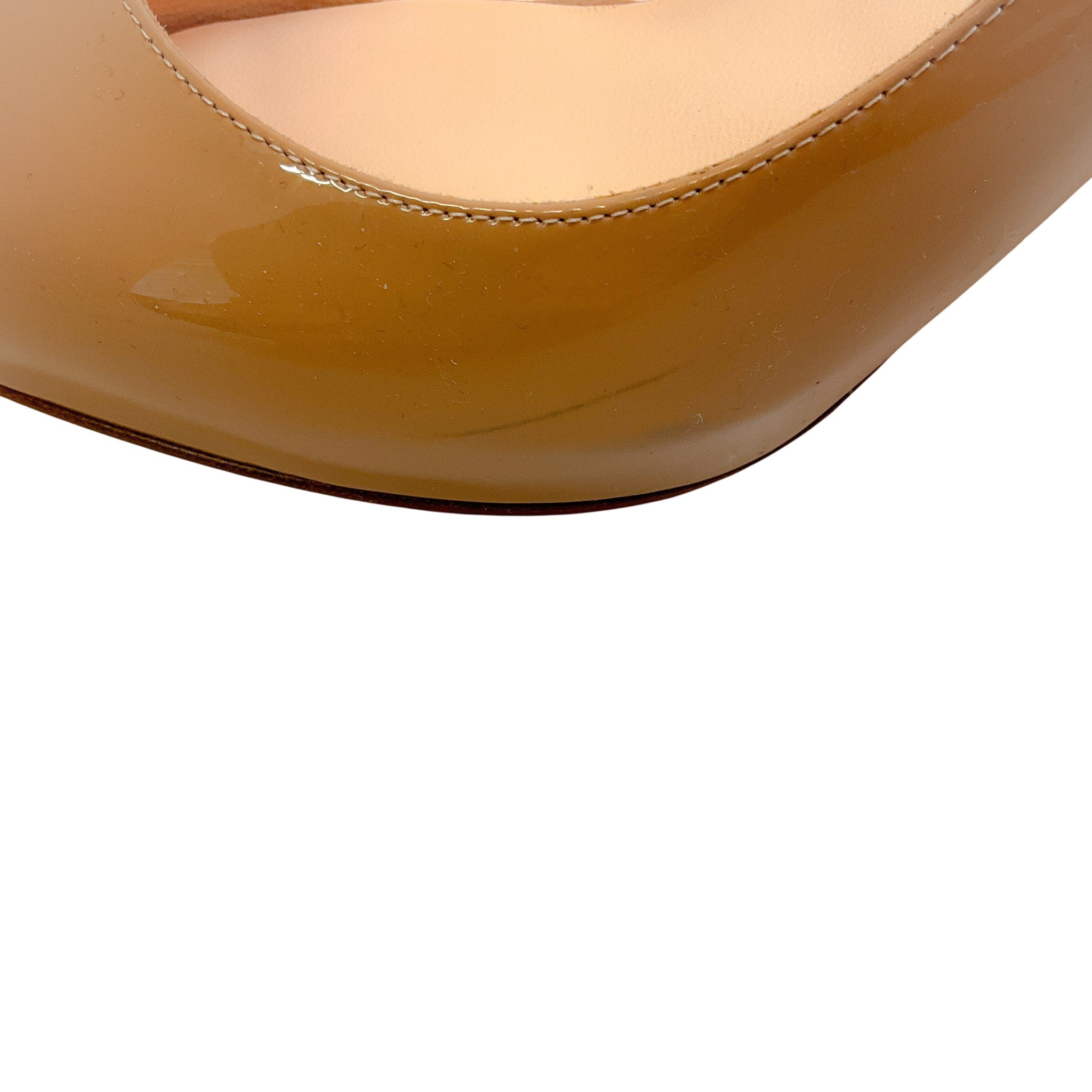 Christian Louboutin Nude Patent Leather Peep Toe Slingback Pumps