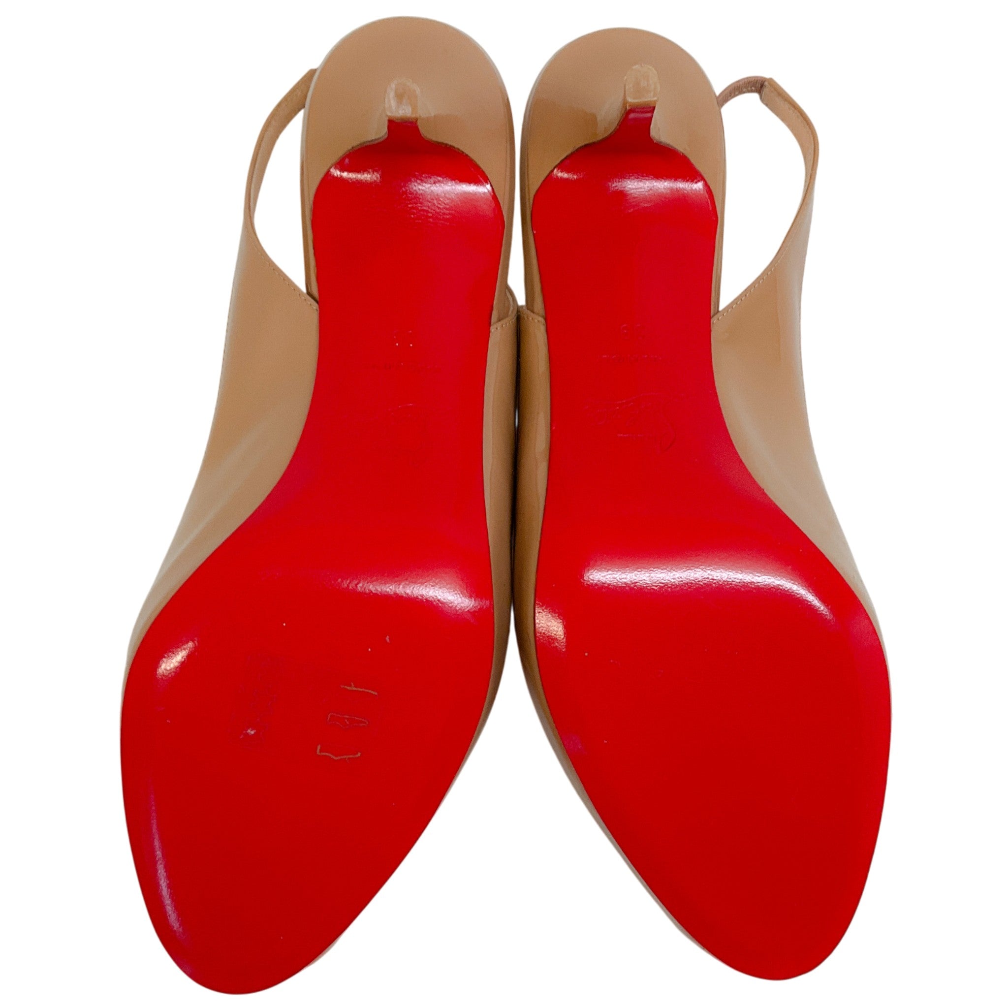 Christian Louboutin Nude Patent Leather Peep Toe Slingback Pumps