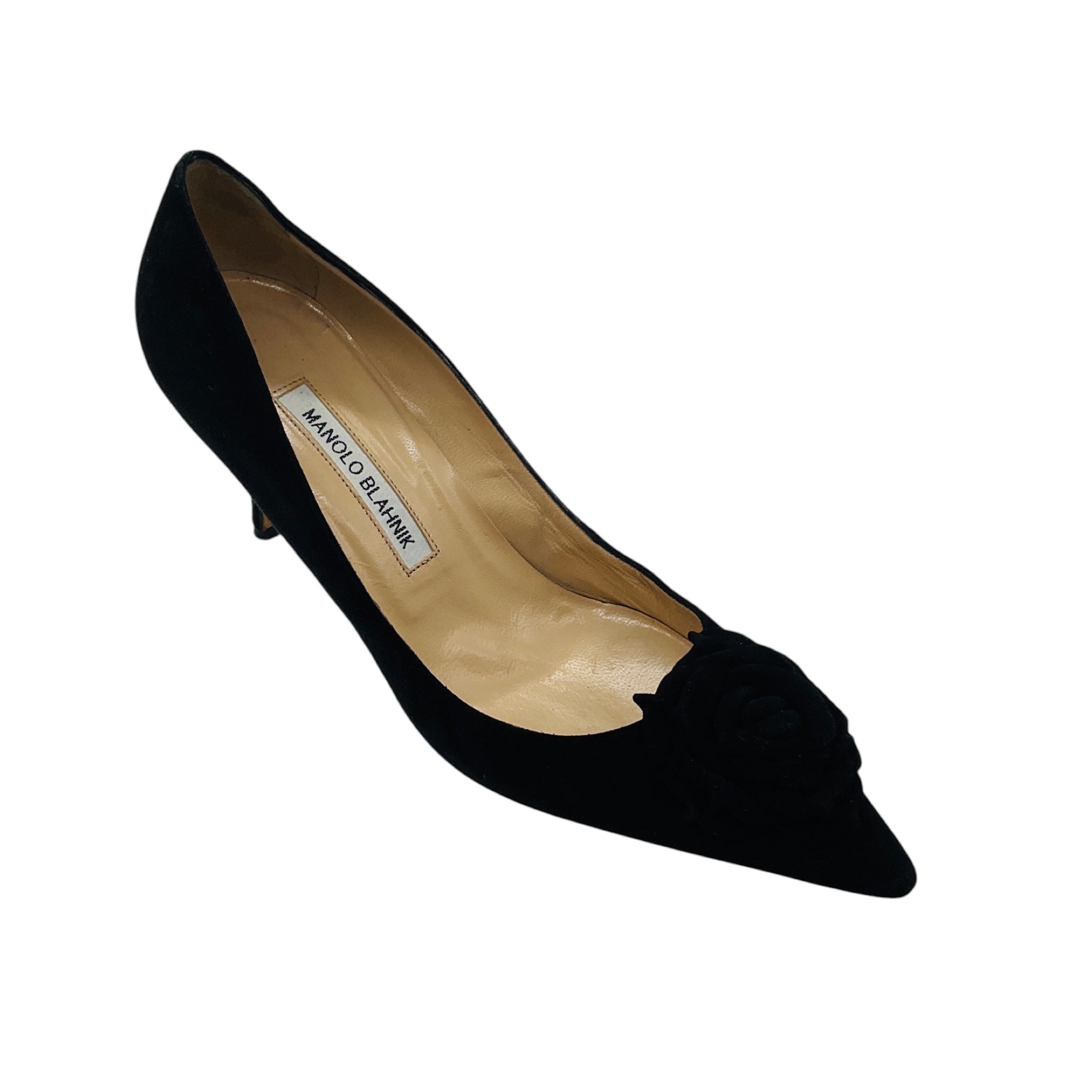 Manolo Blahnik Black Lisa Flower Suede Pumps