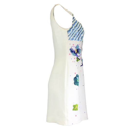 Marni White / Blue Beaded and Sequined Sleeveless Crepe Flower Dress
