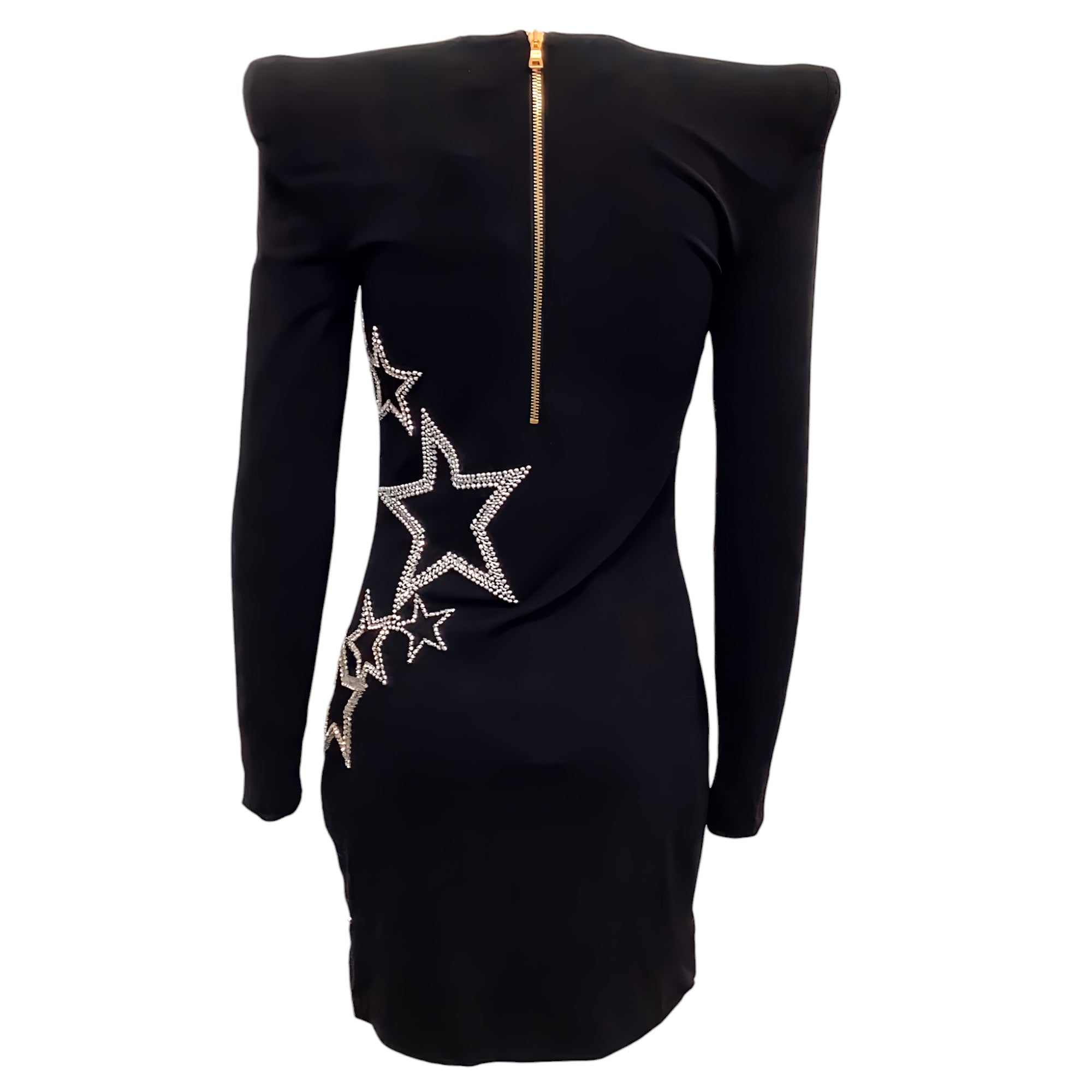 Balmain Black Long Sleeve Body Con Dress with Crystal Star Embellishments