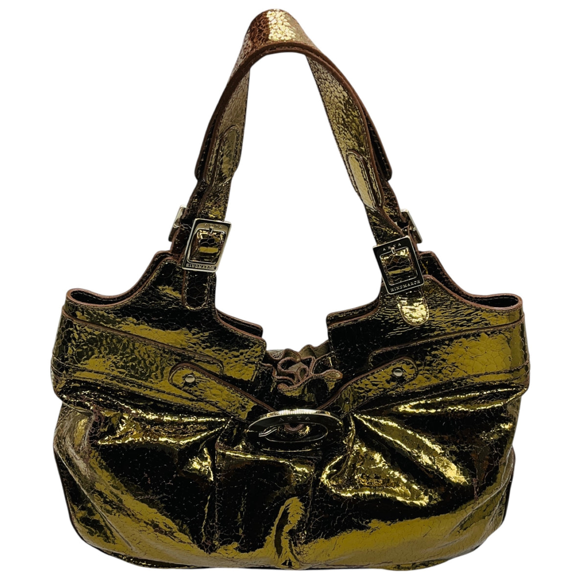 Anya Hindmarch Gold Metallic Crackled Leather Shoulder Bag