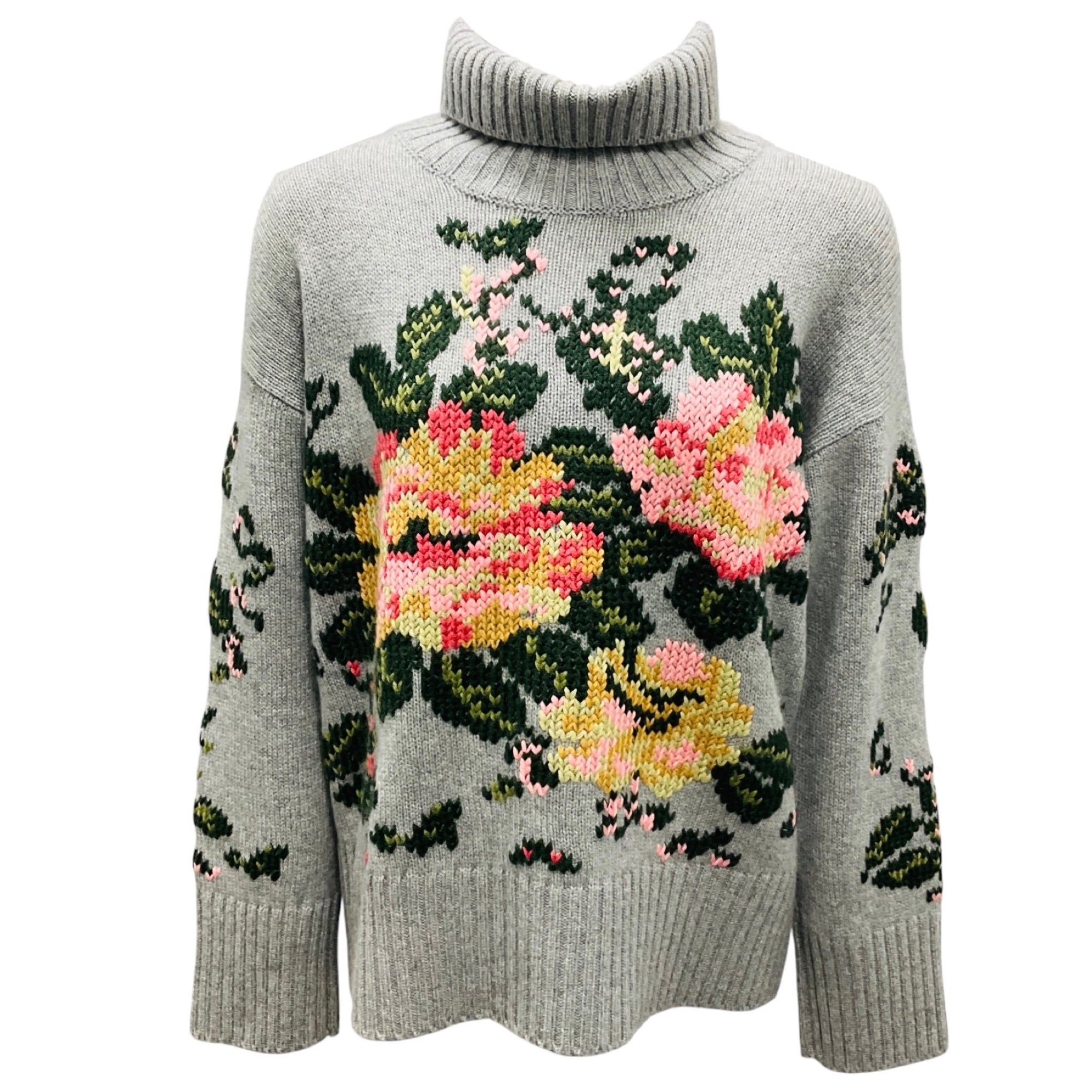 Lamberto Losani Grey Multi Floral Cashmere Knit Turtleneck Sweater