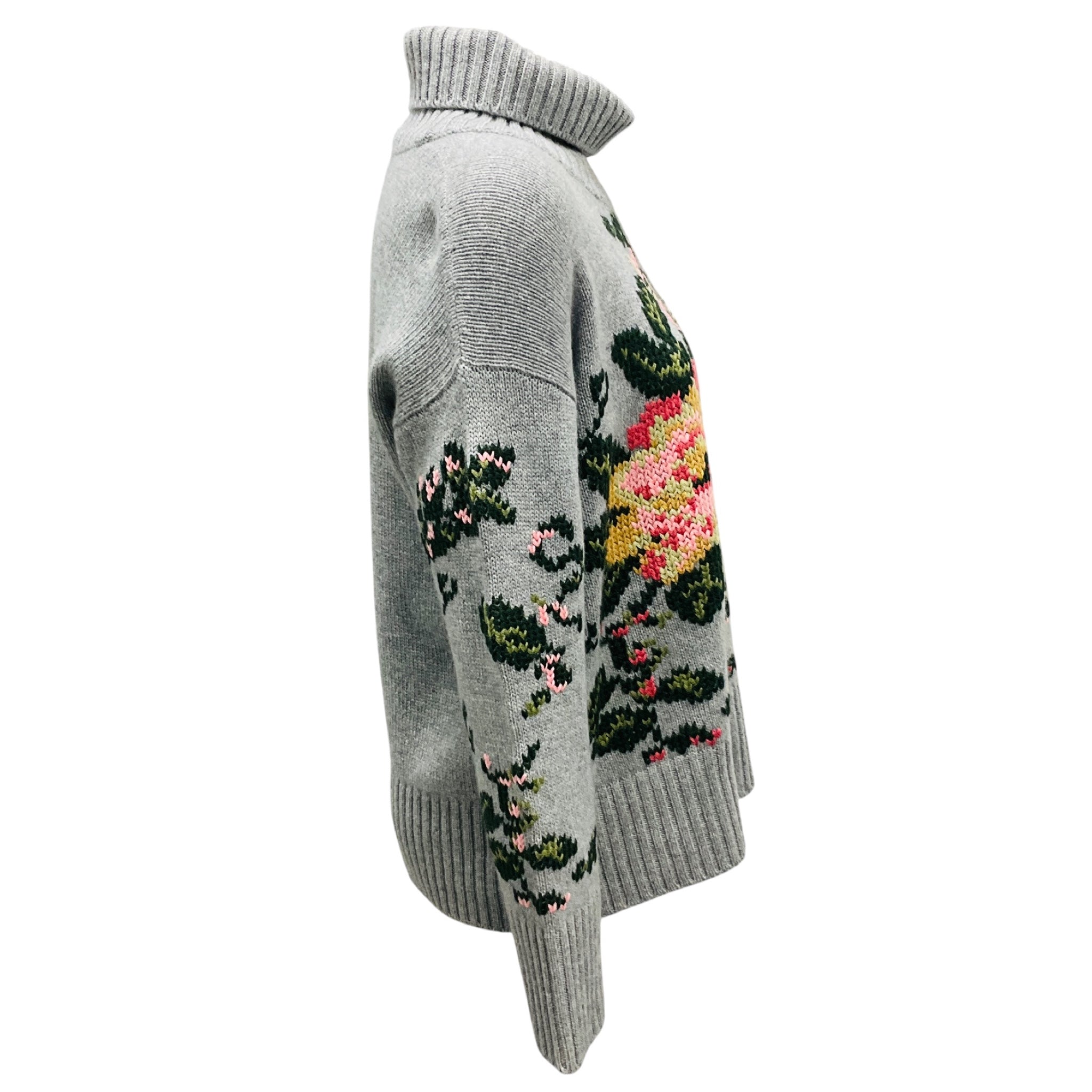 Lamberto Losani Grey Multi Floral Cashmere Knit Turtleneck Sweater