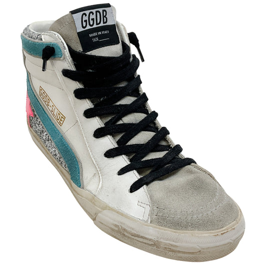 Golden Goose Deluxe Brand White / Silver Glitter Slide High Top Sneakers