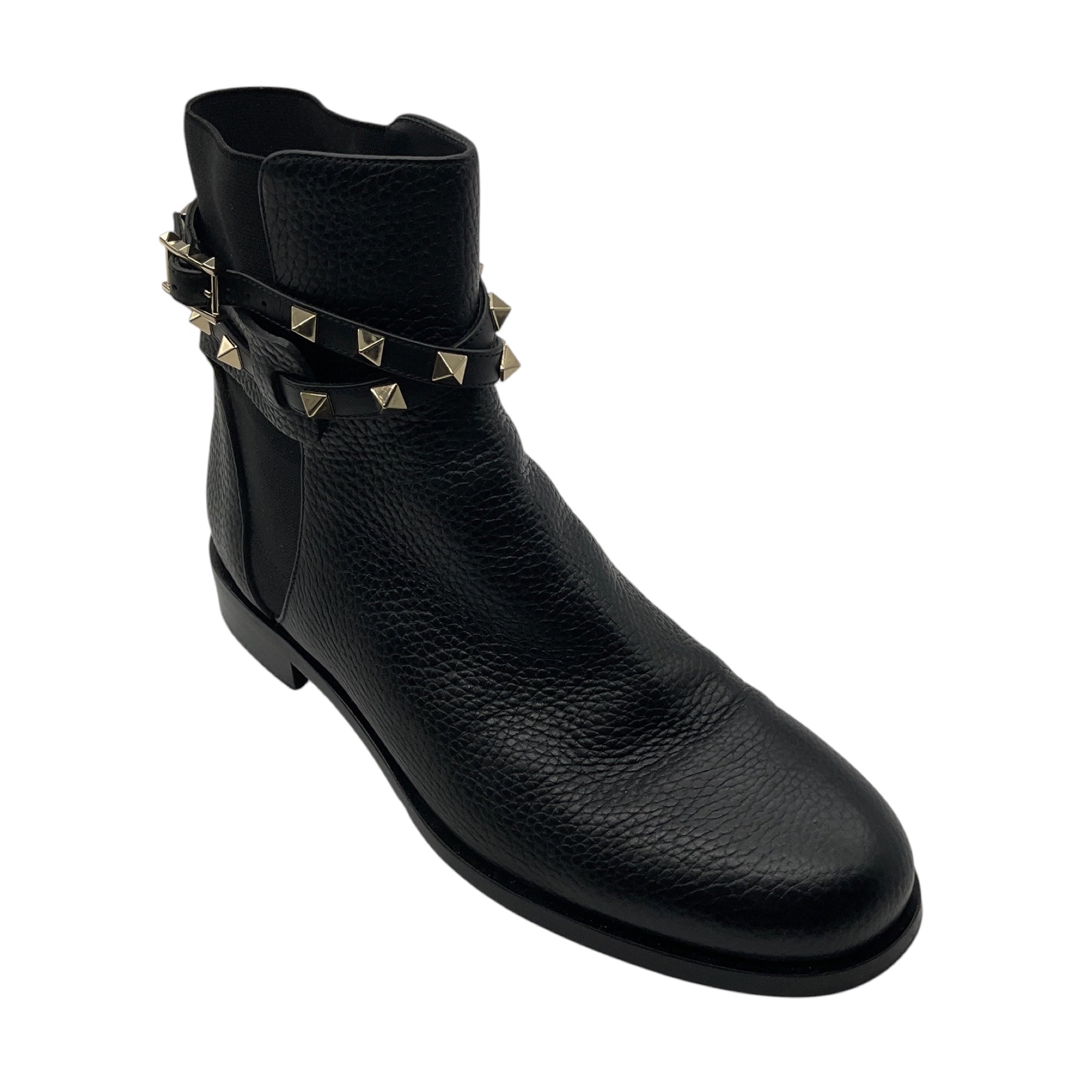 Valentino Black / Gold Rockstud Grained Leather Ankle Boots