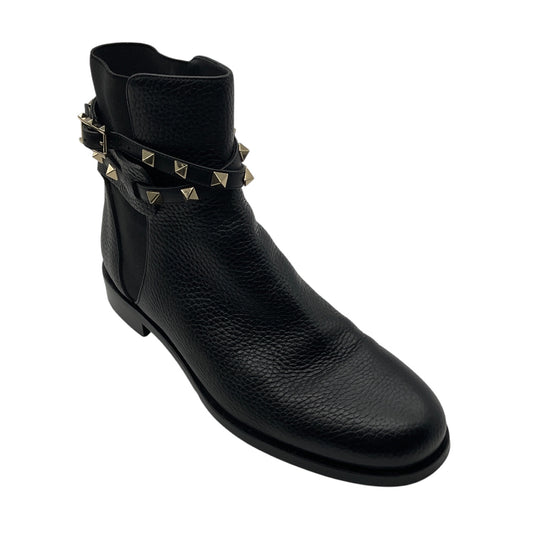 Valentino Black / Gold Rockstud Grained Leather Ankle Boots