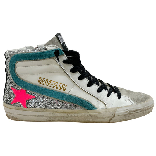 Golden Goose Deluxe Brand White / Silver Glitter Slide High Top Sneakers