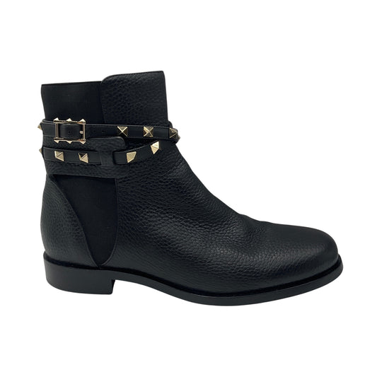 Valentino Black / Gold Rockstud Grained Leather Ankle Boots