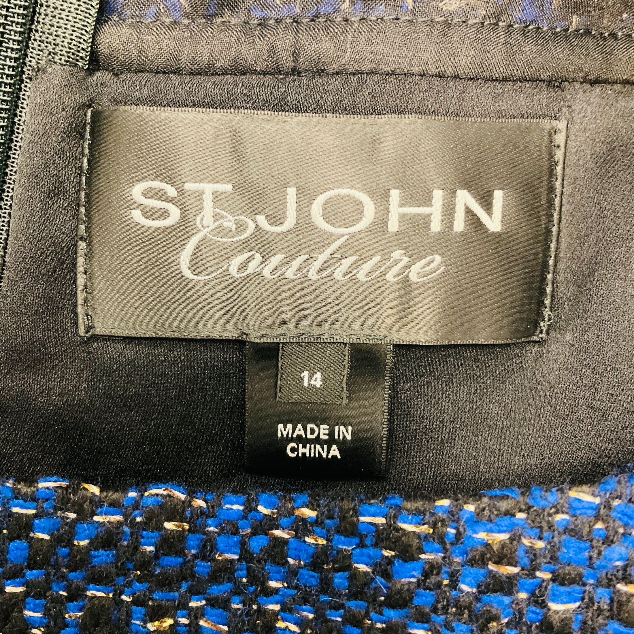 St. John Couture Blue / Black Short Sleeved Tweed Dress