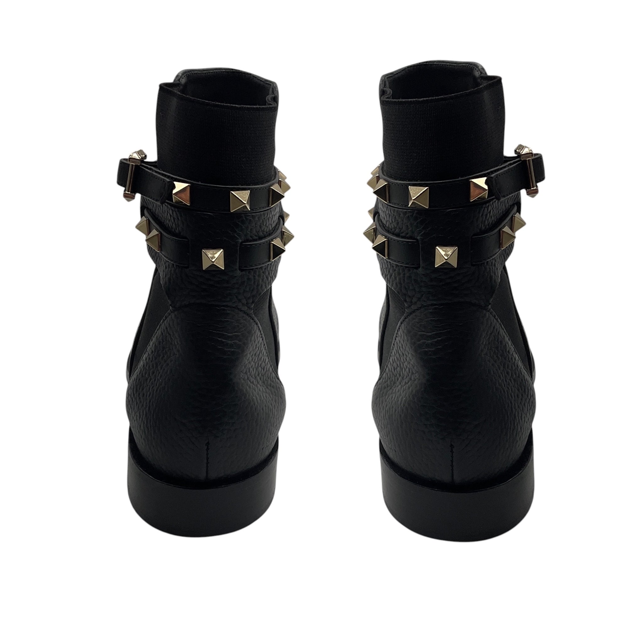 Valentino Black / Gold Rockstud Grained Leather Ankle Boots