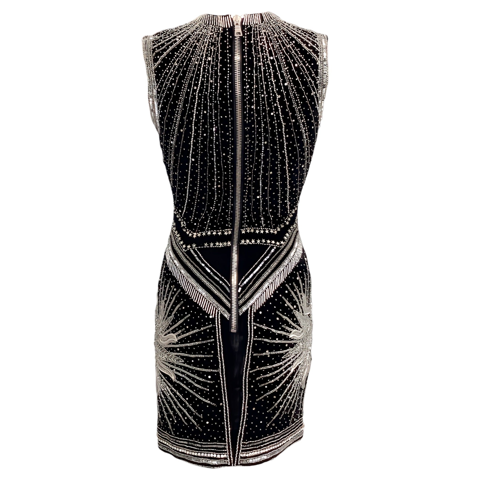 Balmain Black Velvet Sleeveless Body Con Dress with Crystal Embellishments