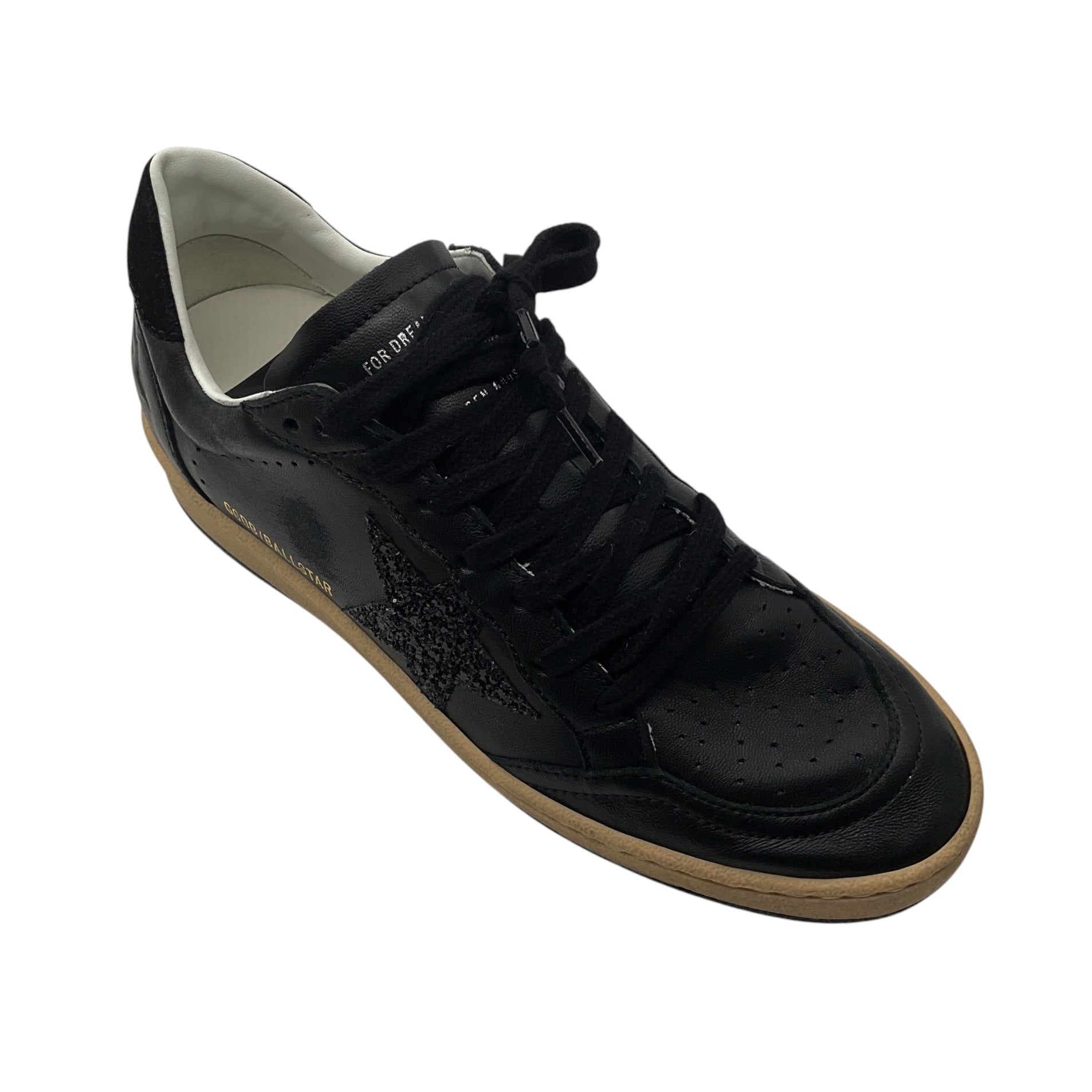 Golden Goose Deluxe Brand Black Leather and Glitter Low Top Ball Star Sneakers