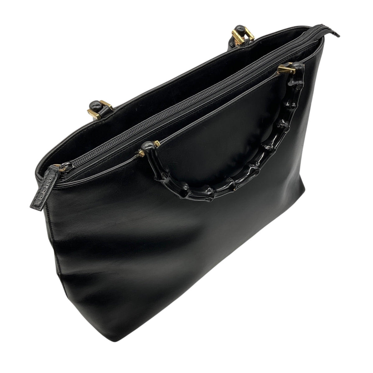Gucci Vintage Black Leather Bamboo Handle Tote Handbag