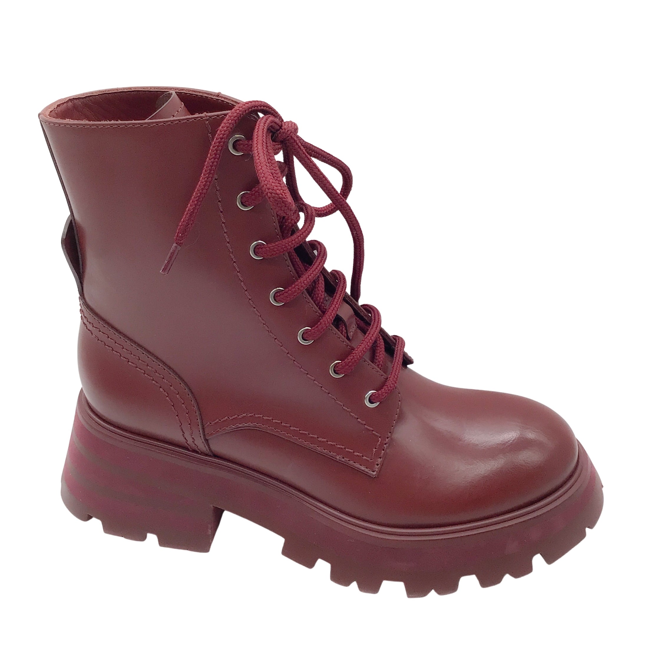 Alexander McQueen Burgundy Lace-Up Leather Boots