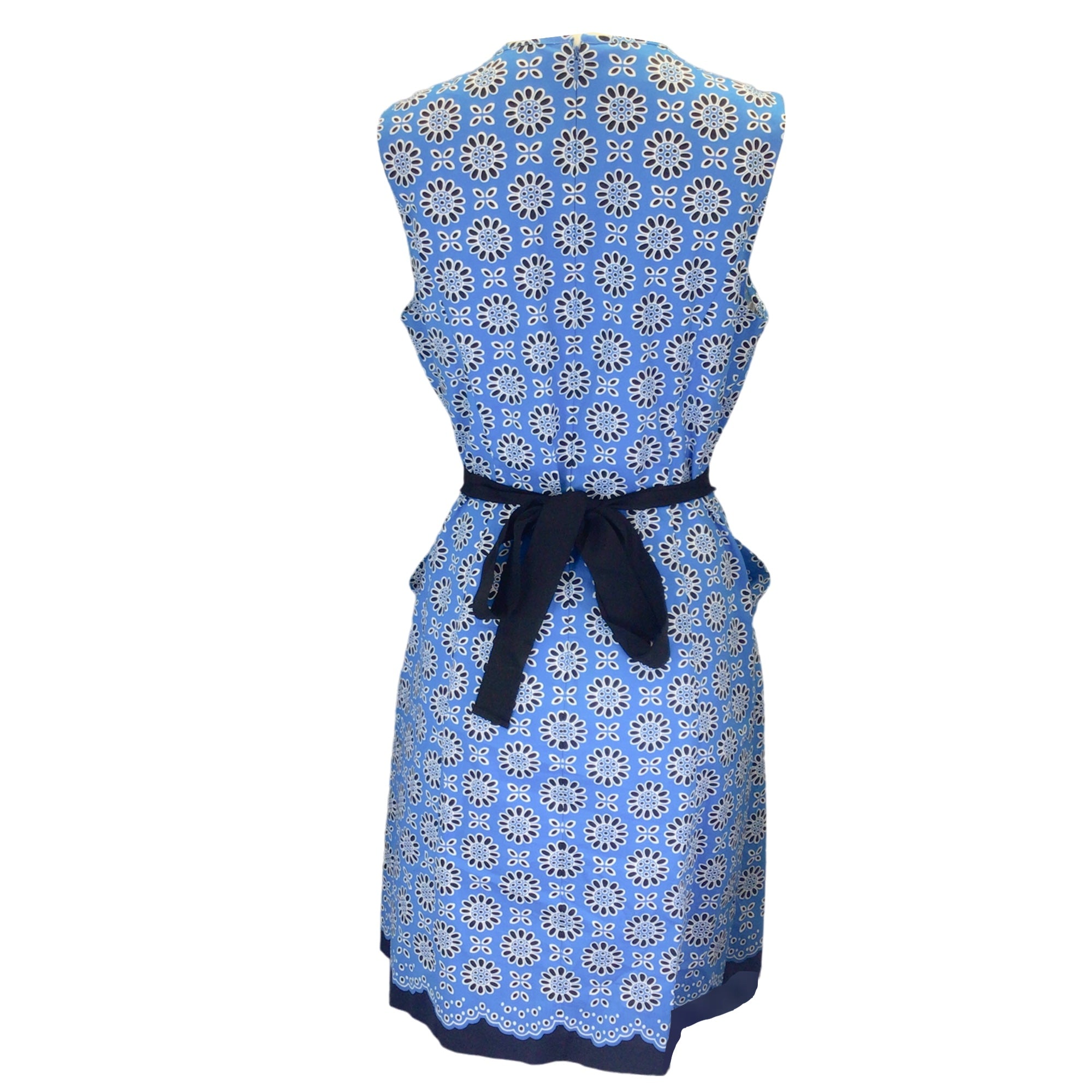 Oscar de la Renta Blue / White / Black Printed Sleeveless Cotton Midi Dress