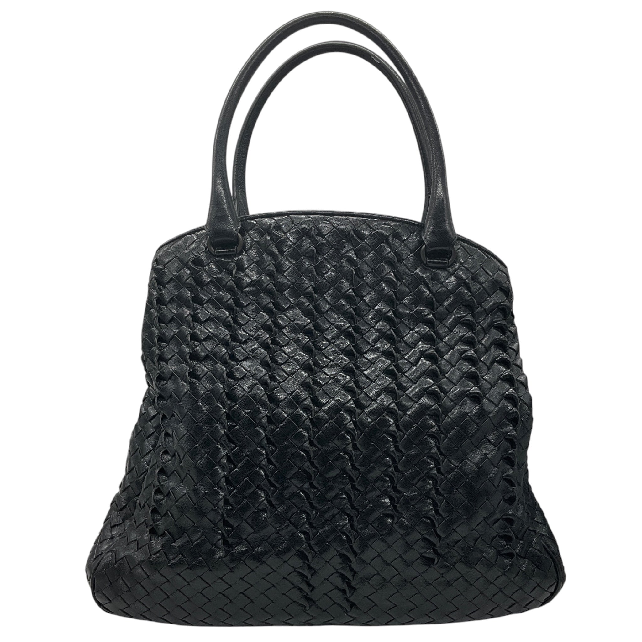 Bottega Veneta Black Intrecciato Woven Leather Double Top Handle Handbag