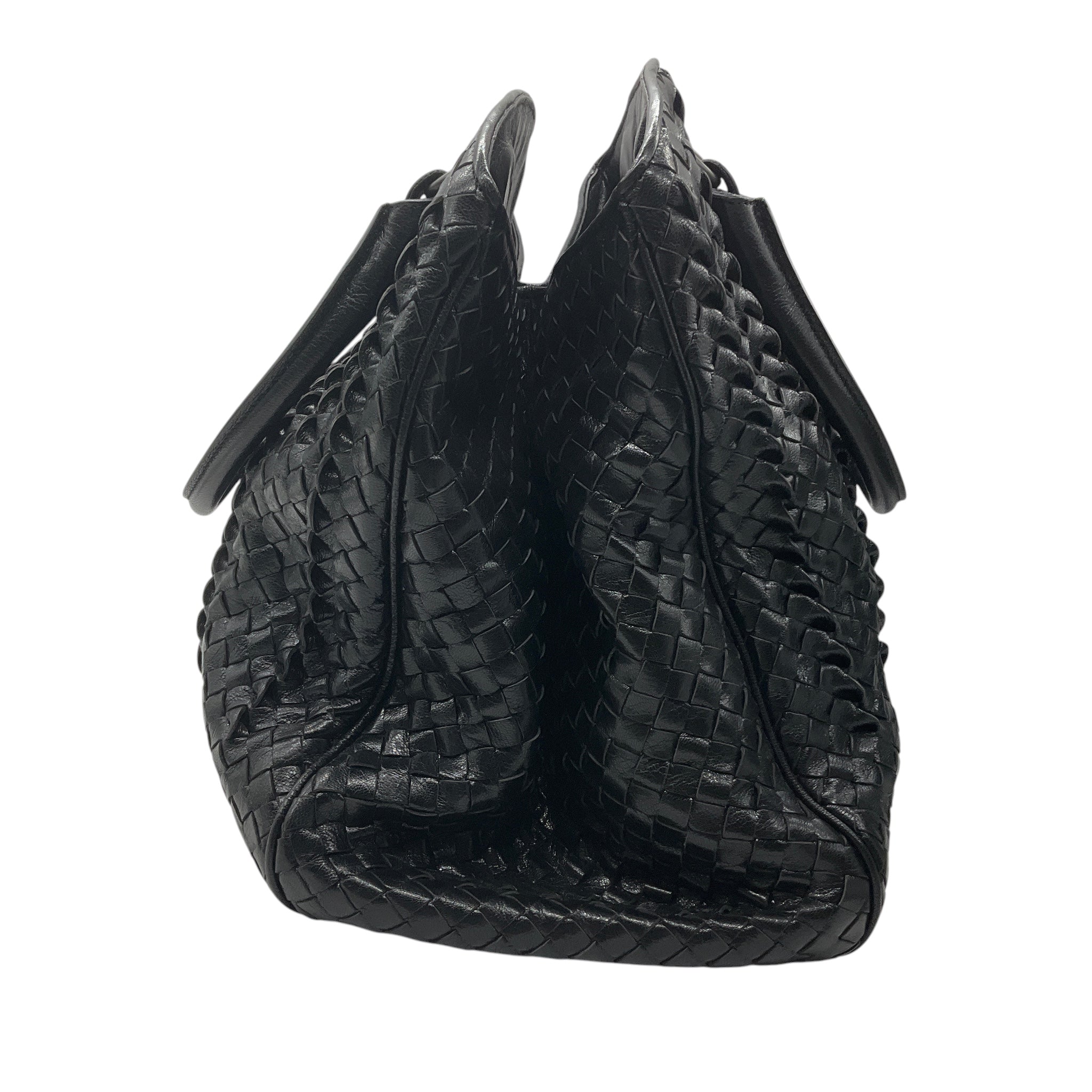 Bottega Veneta Black Intrecciato Woven Leather Double Top Handle Handbag