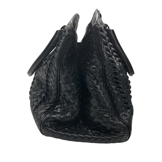 Bottega Veneta Black Intrecciato Woven Leather Double Top Handle Handbag