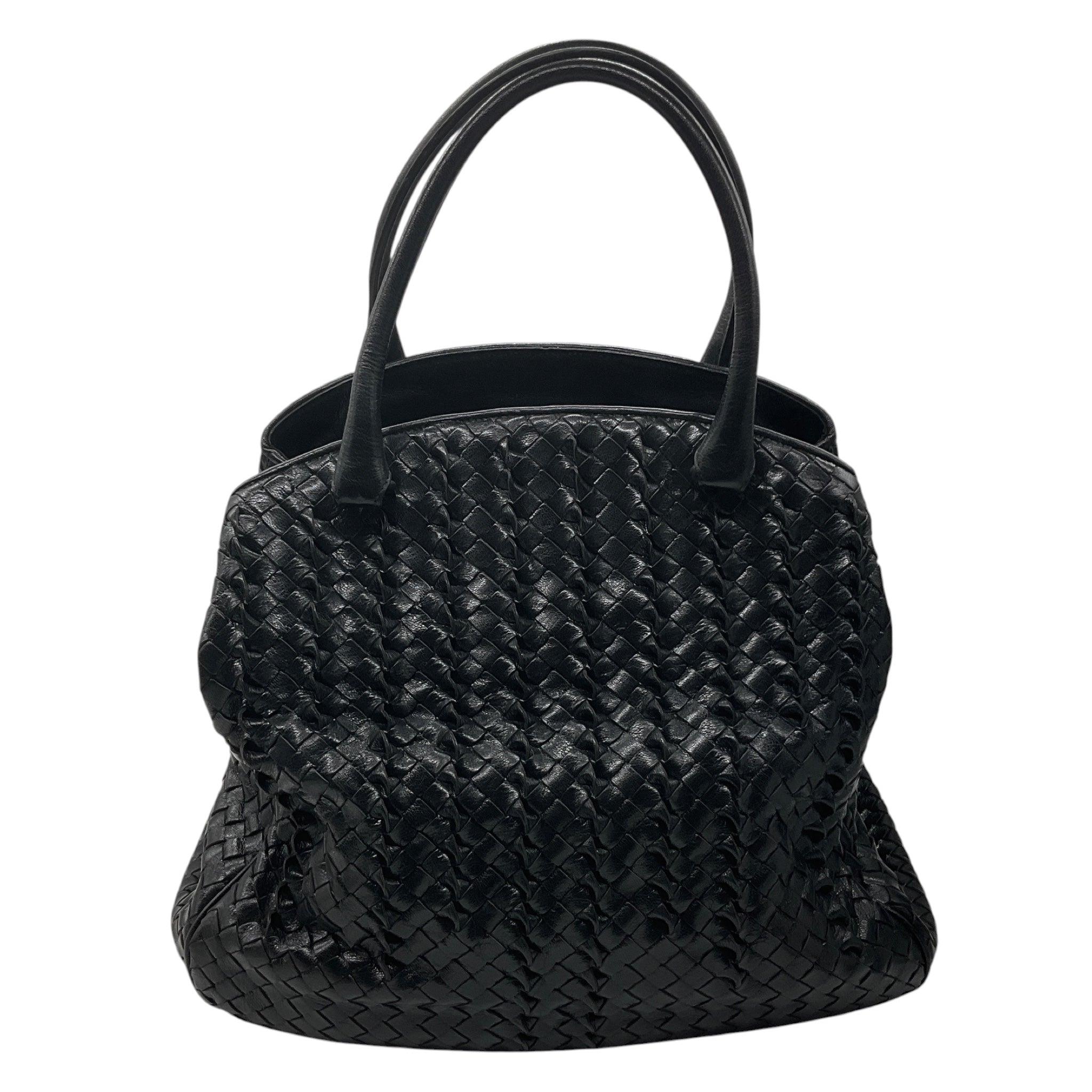 Bottega Veneta Black Intrecciato Woven Leather Double Top Handle Handbag