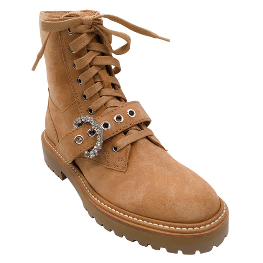Jimmy Choo Tan Cora Flat Crystal Embellished Buckle Suede Leather Combat Boots
