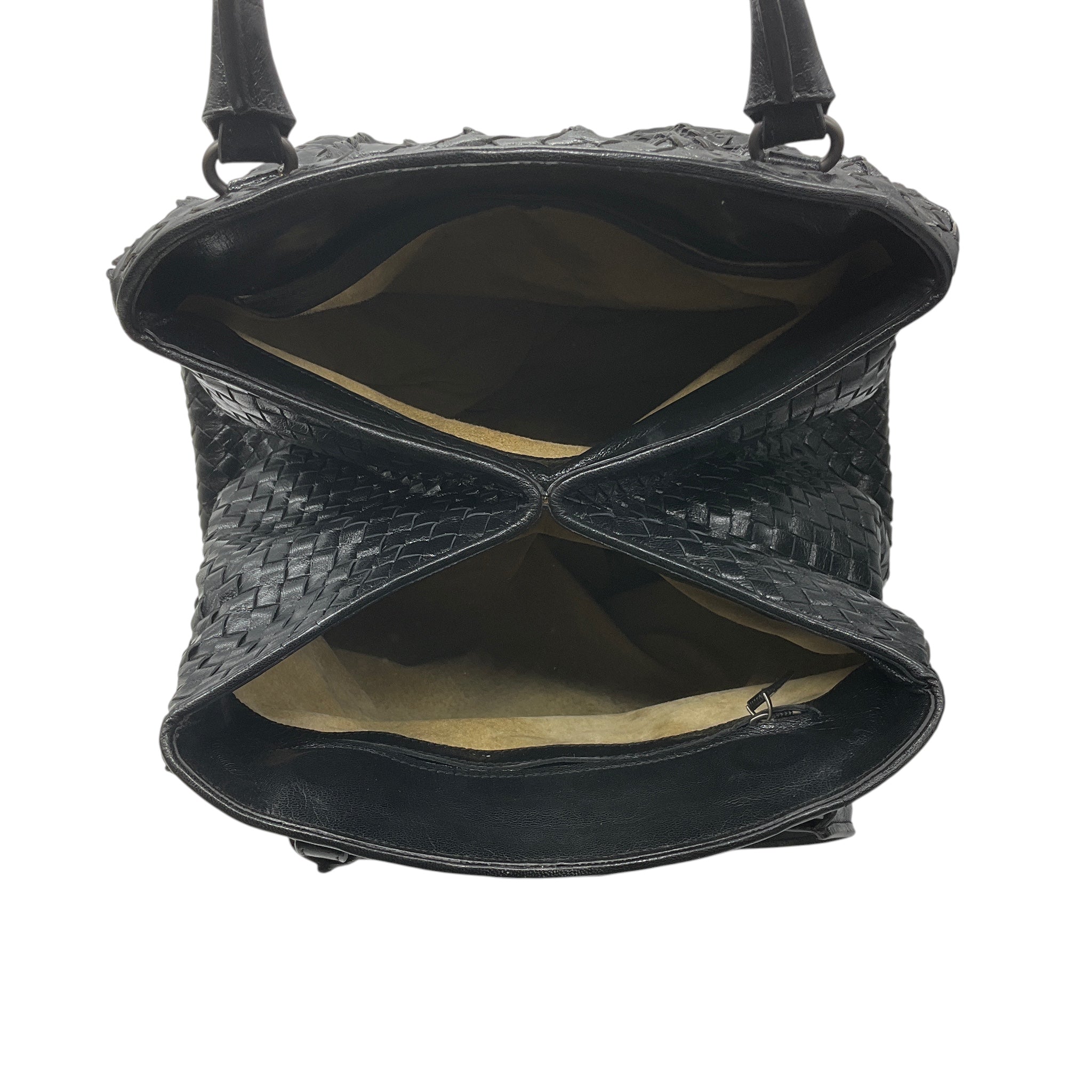 Bottega Veneta Black Intrecciato Woven Leather Double Top Handle Handbag