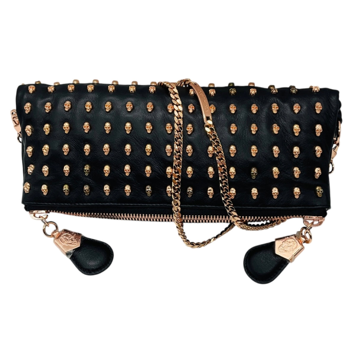 Thomas Wylde Black Day of the Dead Punk Leather Rose Gold Skull Stud Clutch Bag