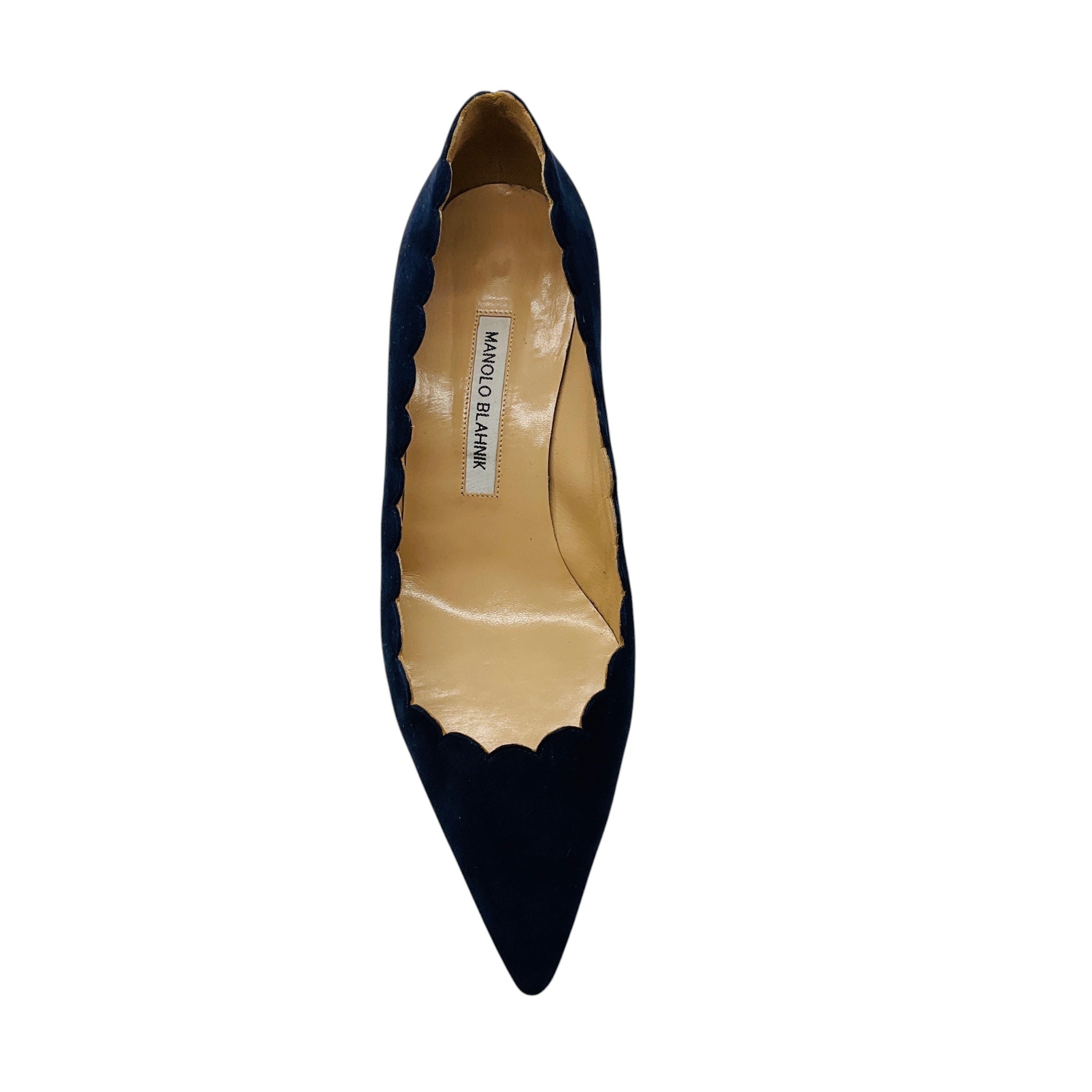 Manolo Blahnik Navy Blue Srilasca Suede Scalloped Pumps