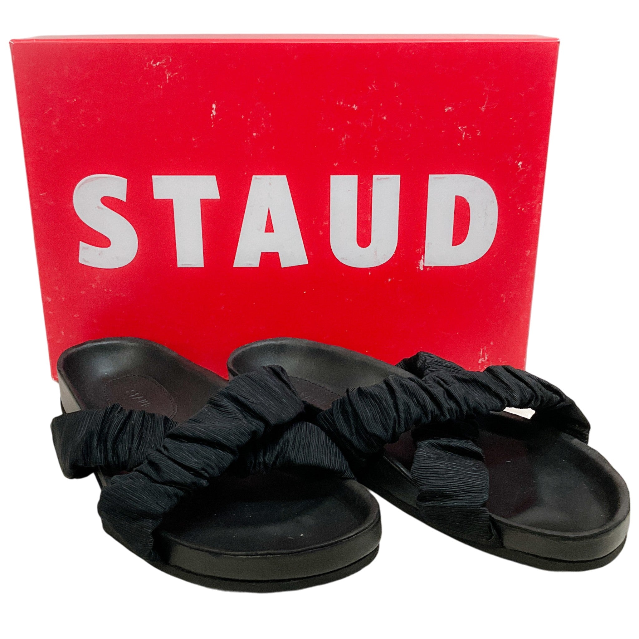 Staud Black Ruched Crisscross Michel Slide Sandals