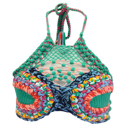 Etro Green Multicolor Maglia Loto Cropped Crochet Knit Top
