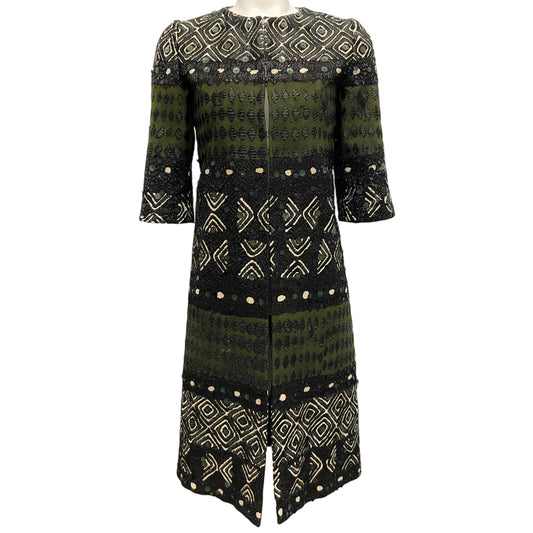 Oscar de la Renta Olive / Black Raffia and Sequin Embellished 3/4 Sleeve Coat
