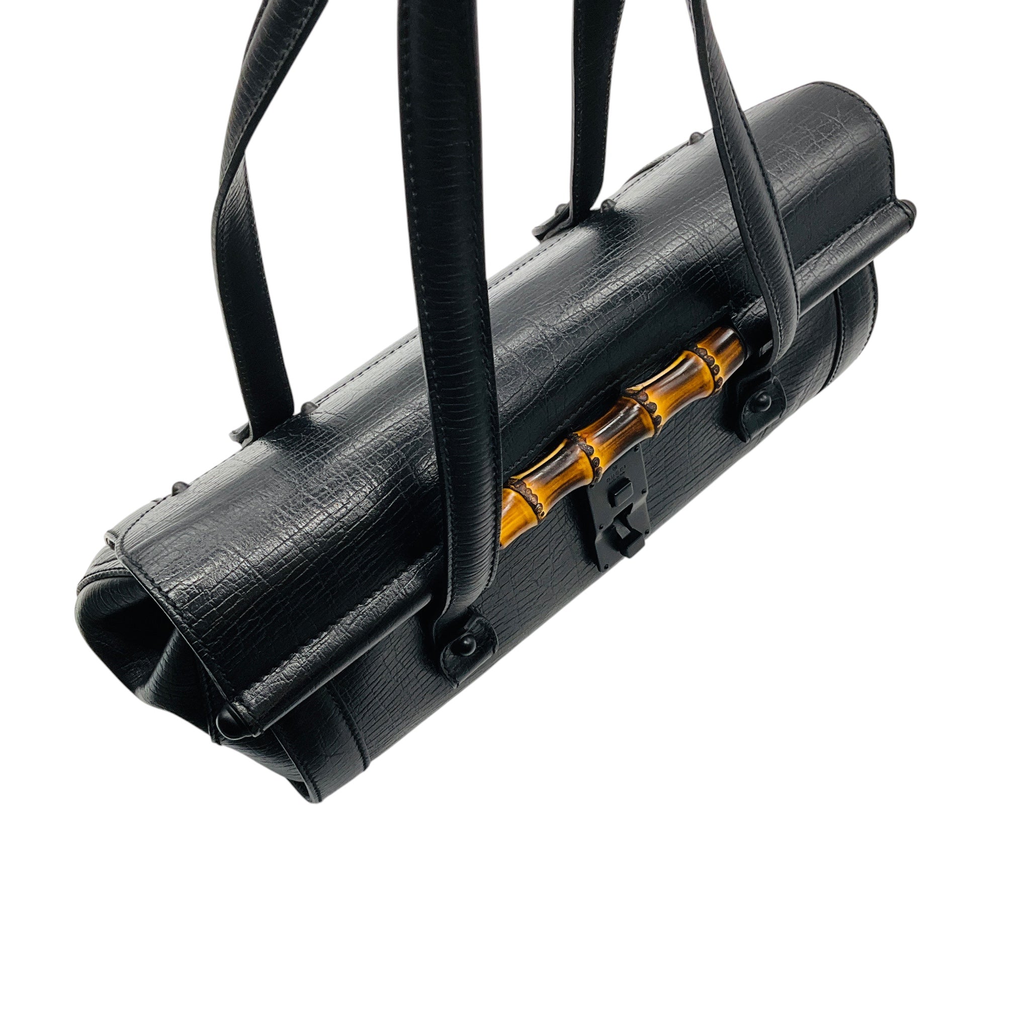 Gucci Black Leather Bamboo Bullet Shoulder Bag