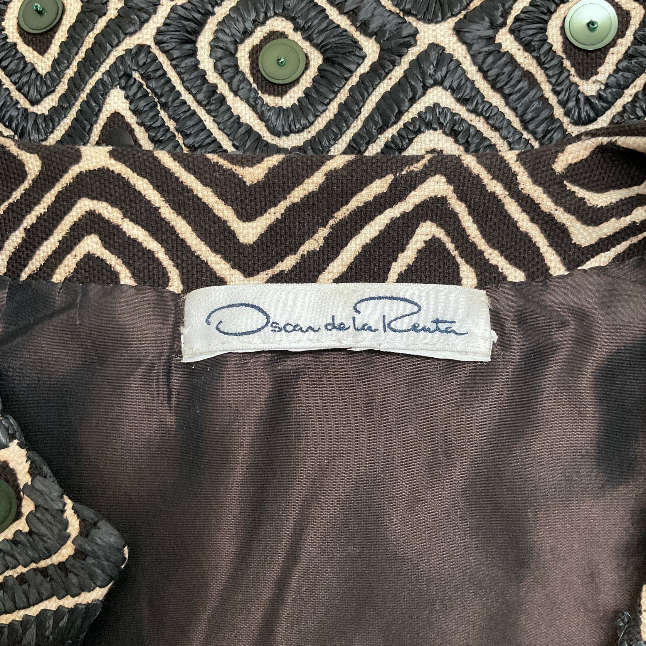 Oscar de la Renta Olive / Black Raffia and Sequin Embellished 3/4 Sleeve Coat