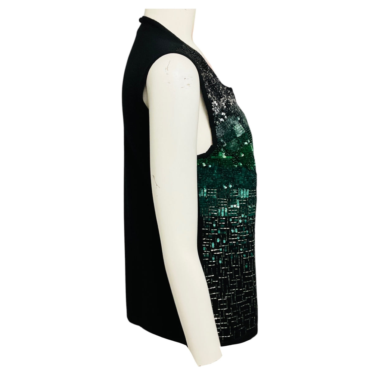 Oscar de la Renta Black / Green / Silver Metallic Sequined Sleeveless Knit Sweater