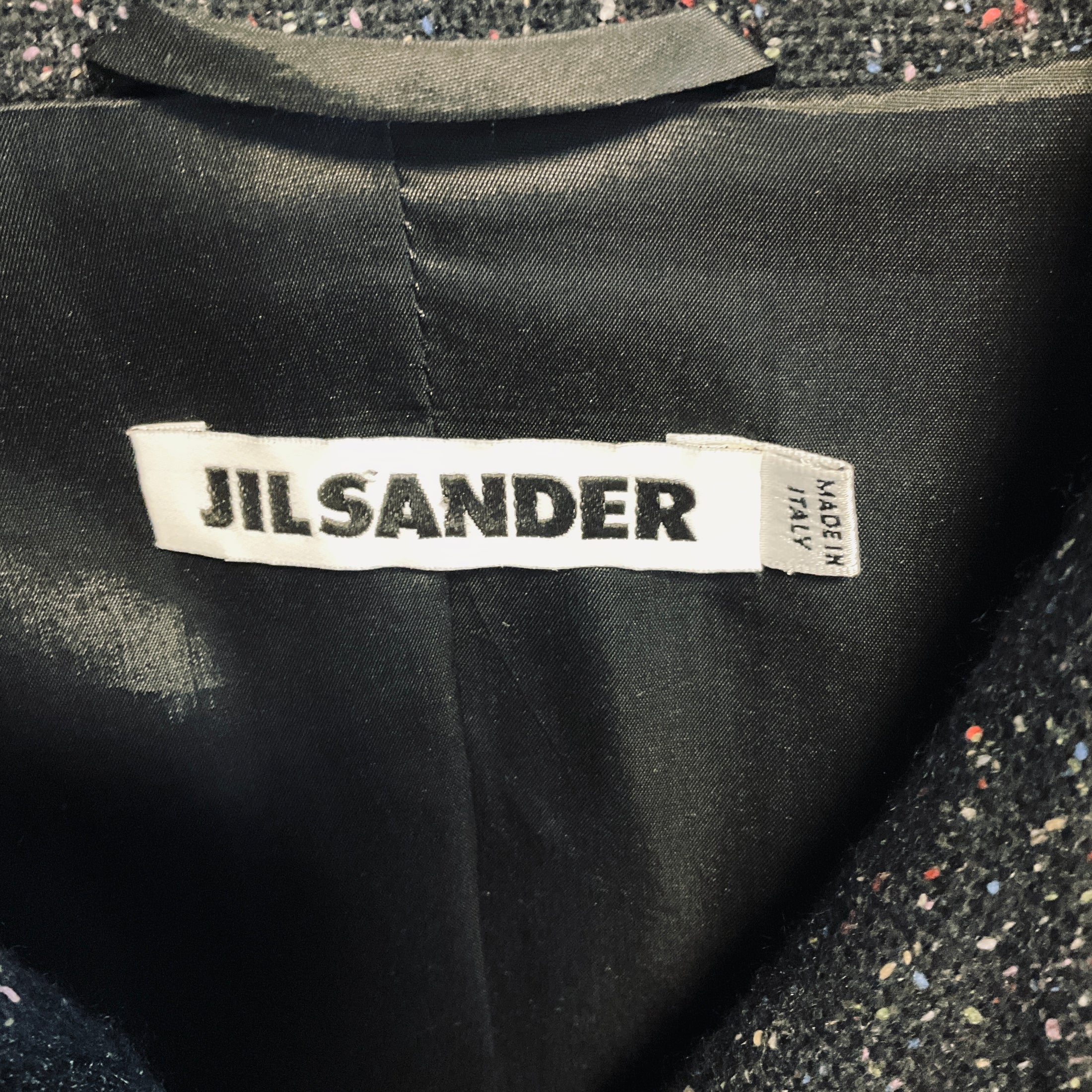 Jil Sander Black Multi Speckled Wool Coat with Sheer Silk Chiffon Hem