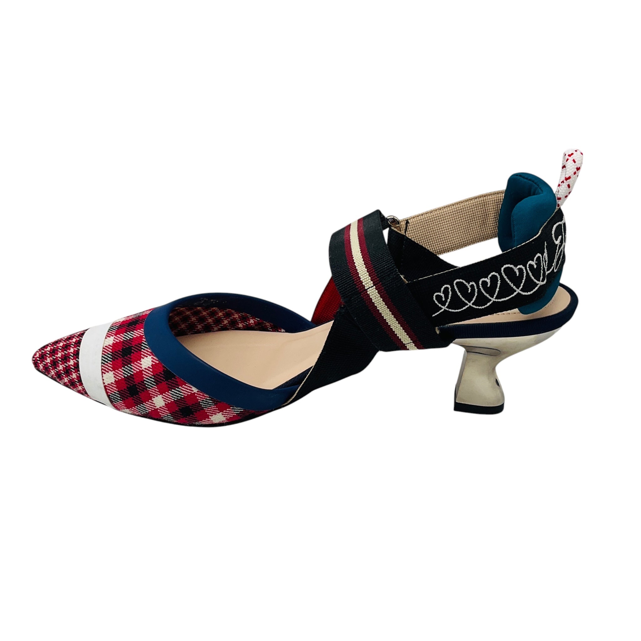 Fendi Red Multi Colibri Gingham Plaid Slingback Pumps