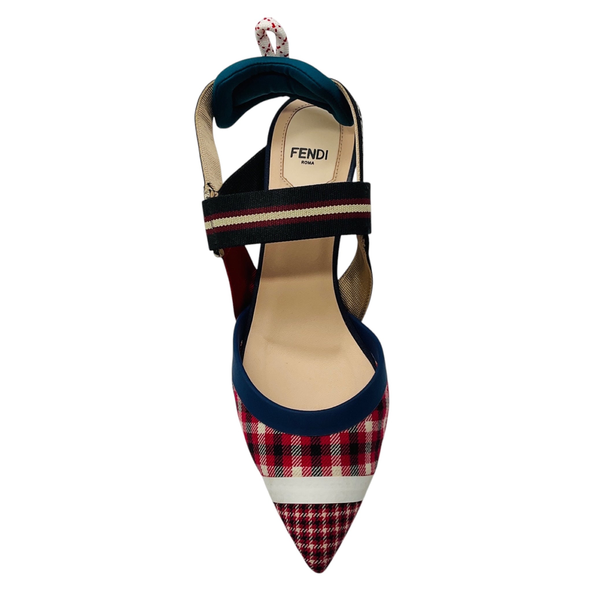 Fendi Red Multi Colibri Gingham Plaid Slingback Pumps