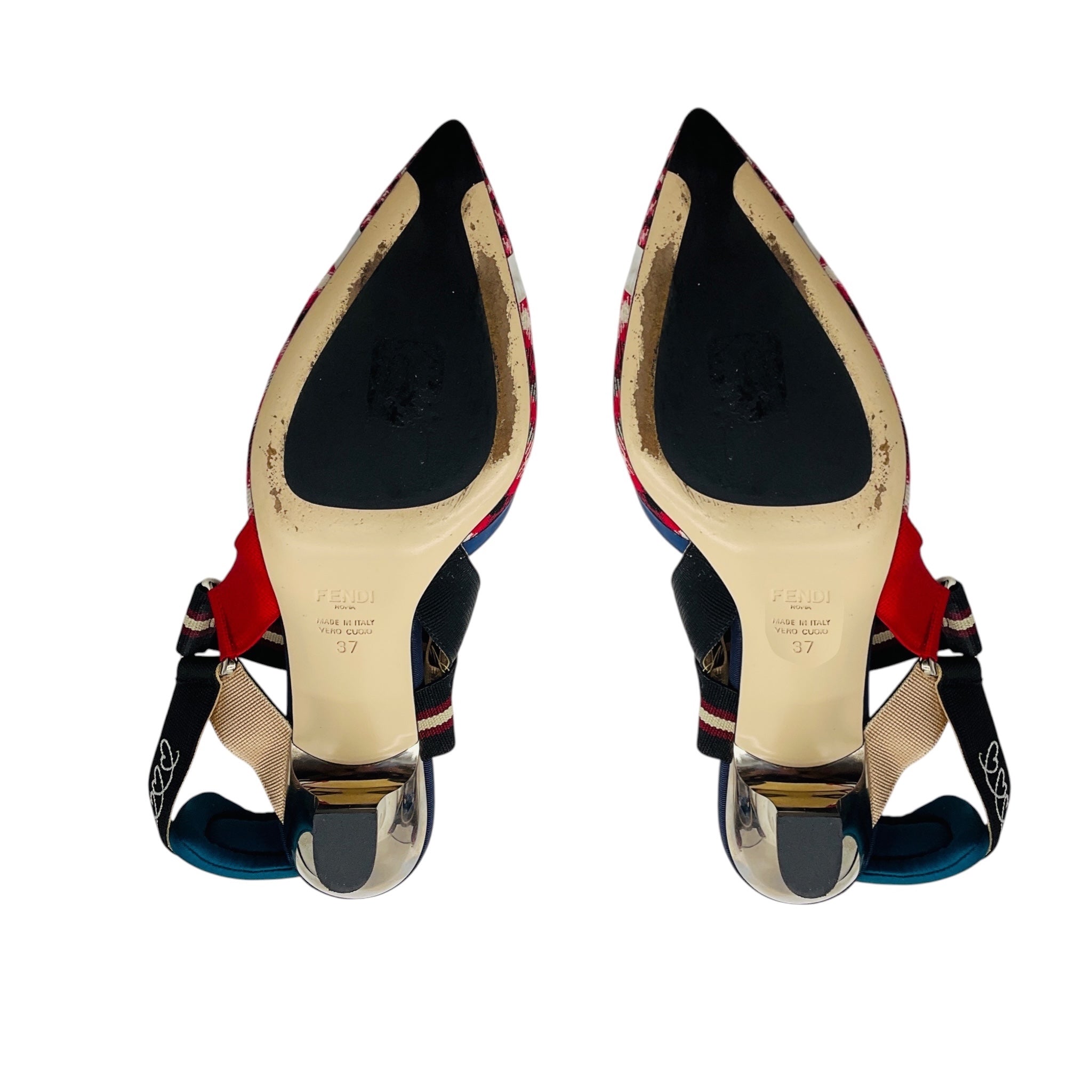 Fendi Red Multi Colibri Gingham Plaid Slingback Pumps