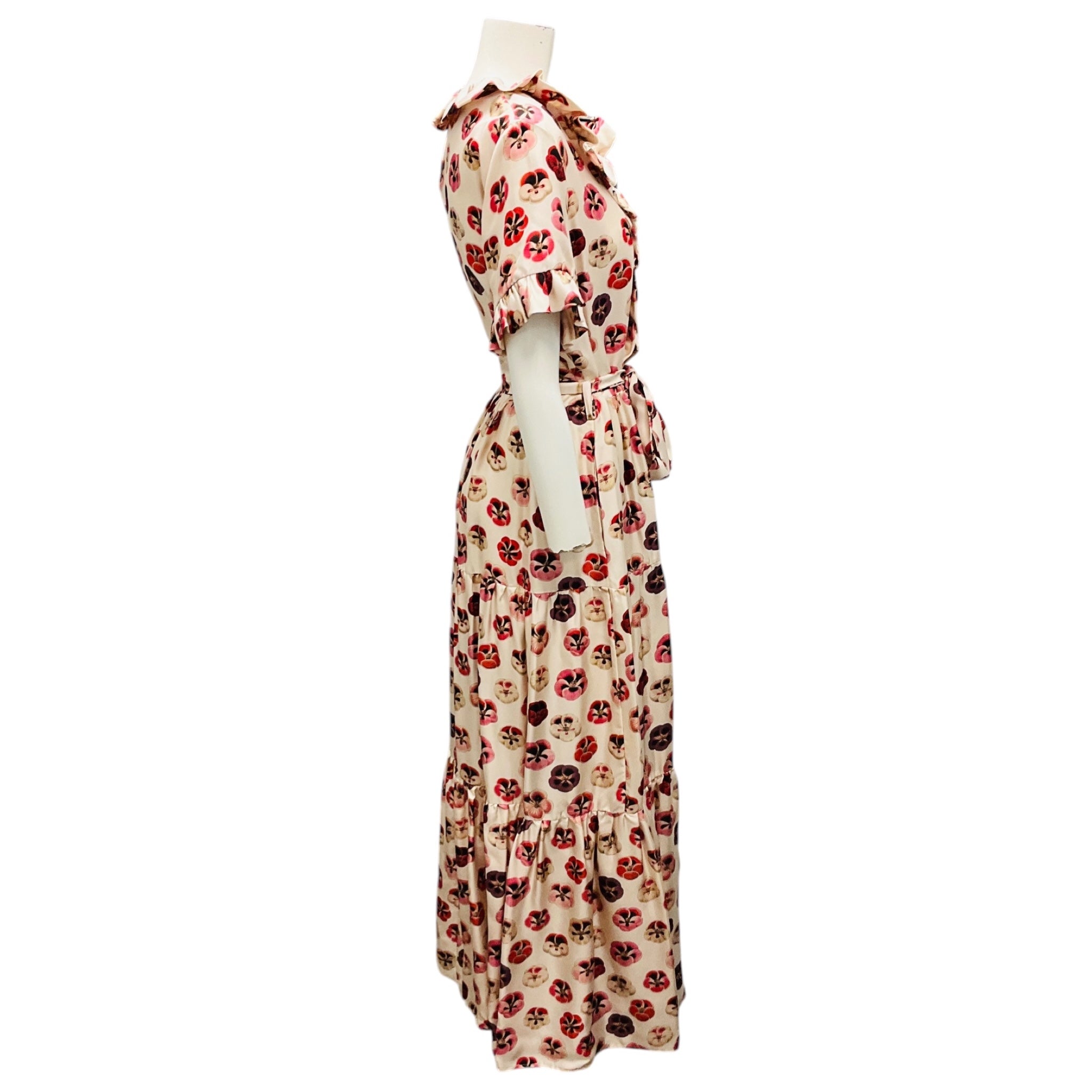 La DoubleJ Ivory Multi Micro Pansy Print Silk Twill Long and Sassy Dress