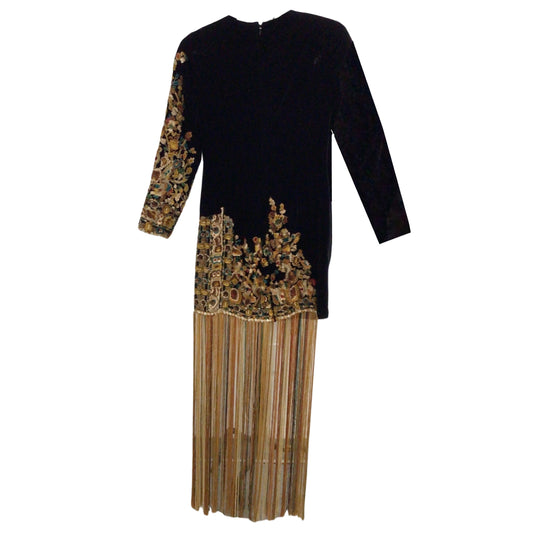 Oscar de la Renta Black Multi Floral Embroidered Fringed Hem Long Sleeved Velvet Dress