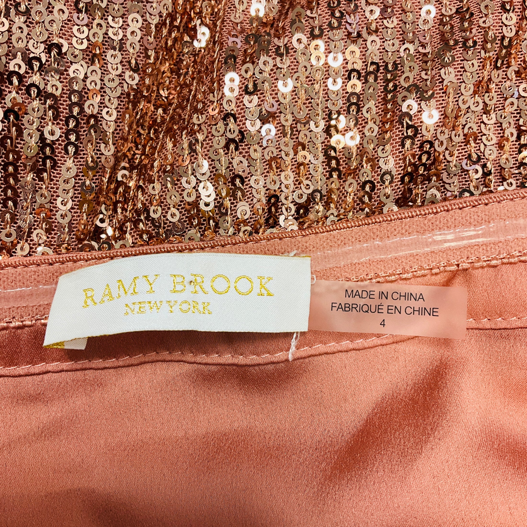 Ramy Brook Rose Gold Grace Sequin Strapless Midi Evening Dress