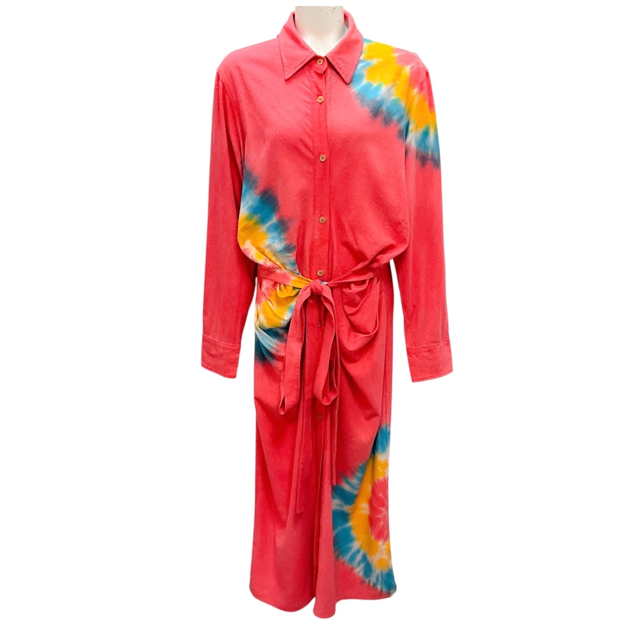 The Elder Statesman Red Magic Rings Magic Silk Fisheye Long Sleeved Dress