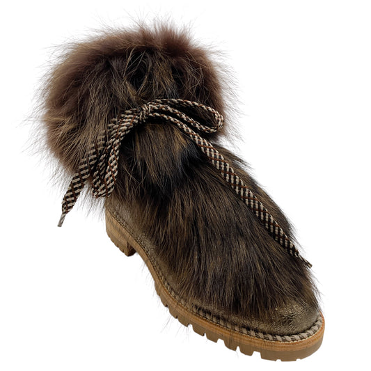Christian Louboutin Bronze Metallic / Brown Fanny Flat Roche Fur Specchio Leather Lace Up Combat Boot