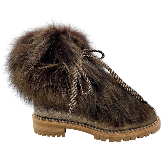 Christian Louboutin Bronze Metallic / Brown Fanny Flat Roche Fur Specchio Leather Lace Up Combat Boot